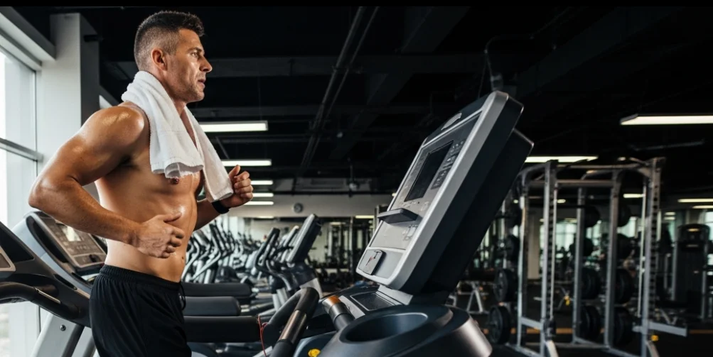 A stack of clean, folded white towels on a wooden bench in a gym setting